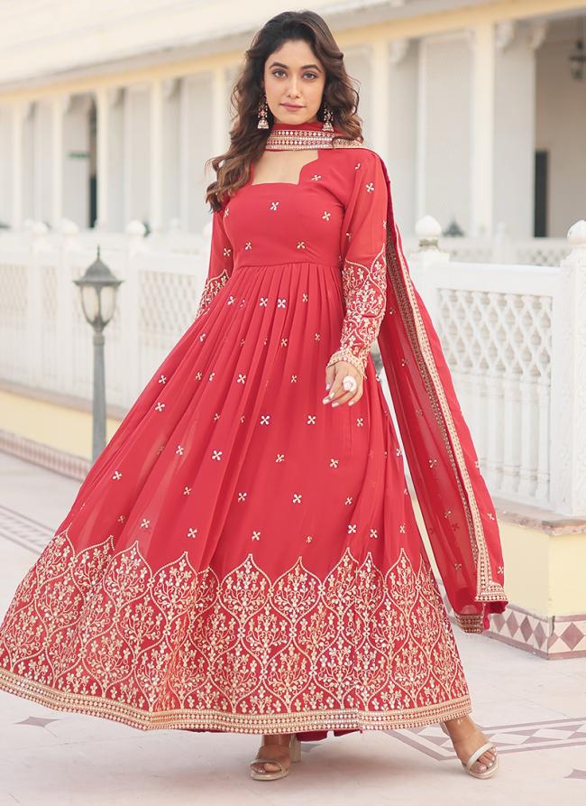 Faux Georgette Red Party Wear Embroidery Work Readymade Gown With Dupatta